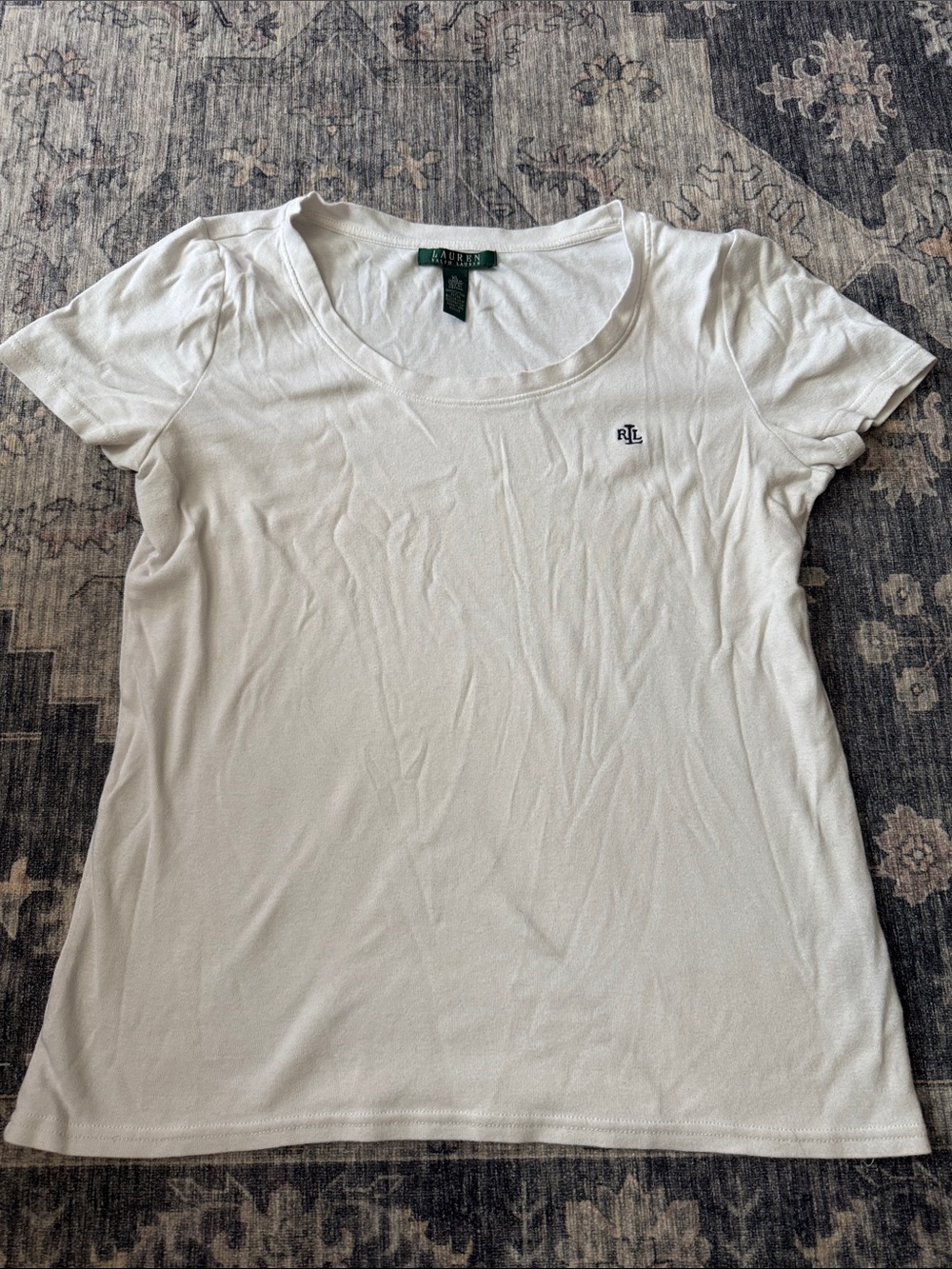 Ralph Lauren Cream Scoop Neck Short Sleeve Tee with RL Logo